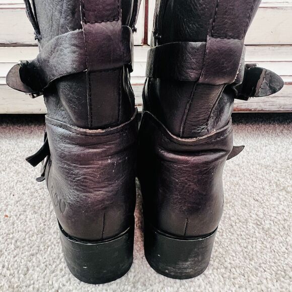Lucky Brand Black Leather Buckled Harness Wooden Soled Riding Biker Moto Boots 8 - Picture 5 of 10